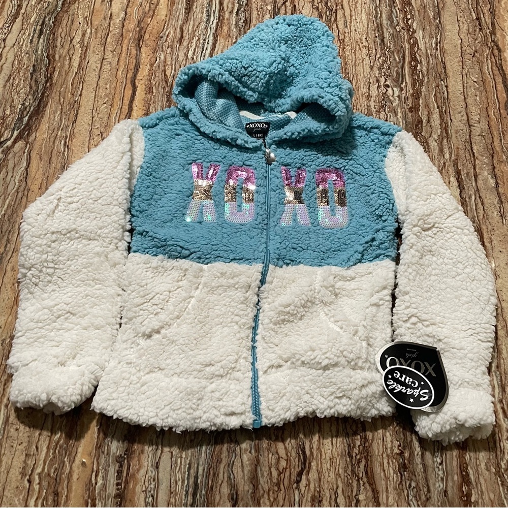 XOXO Sherpa Hooded Jacket Blue/White Cozy Kids Toddler Size 6X Zip Up Jacket